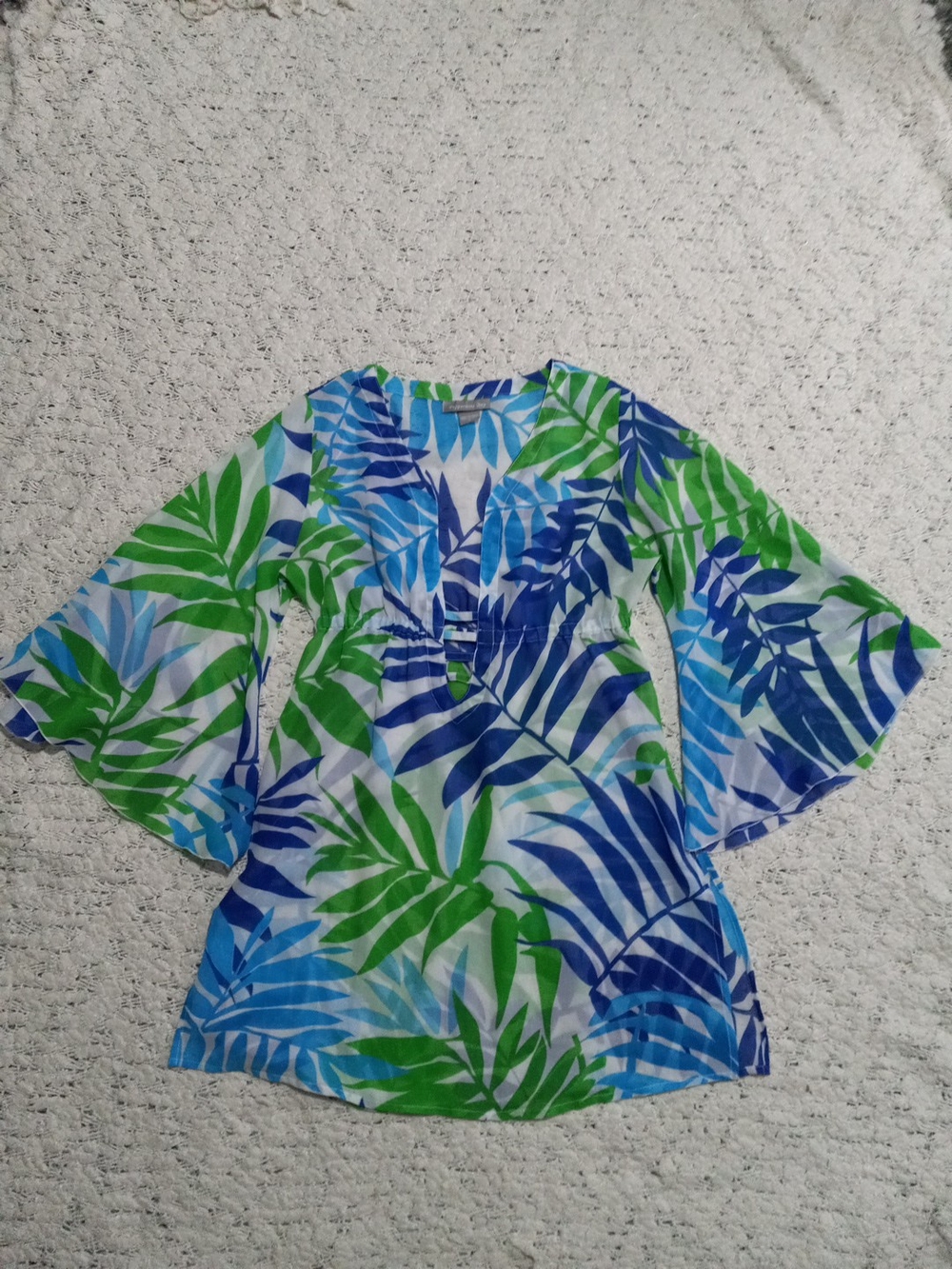 Peppermint Leaf-Print V-Neck Tunic Top Cover Up in Blue & Green Size S